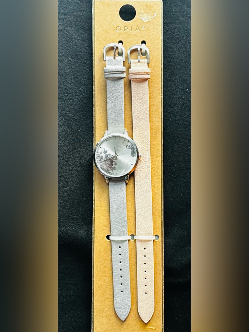 Opia Minimalist Floral Dial Watch with interchangable Gray and Light Pink Straps